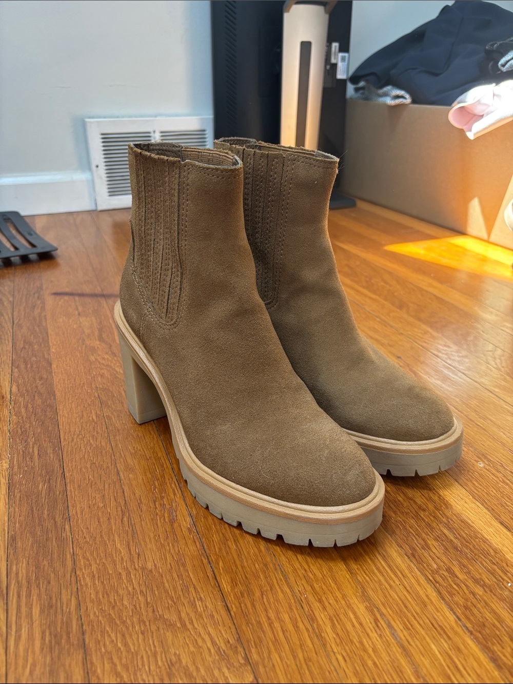 Dolce Vita Olive-Tan Suede Chelsea Block Heel Booties